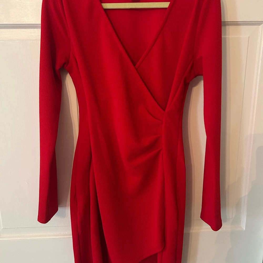 Red Long Sleeve Wrap V-Neck Dress